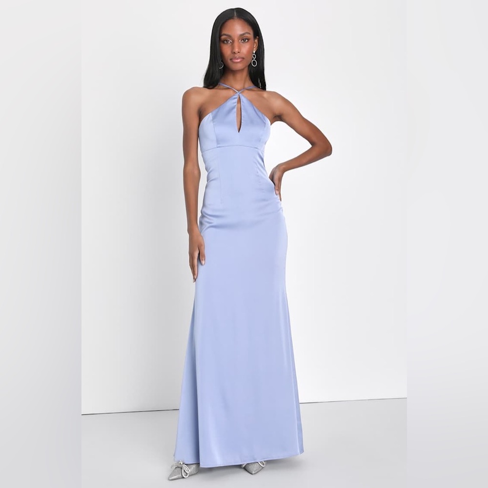 🦋 LULUs Lustrous Love Dusty Blue Satin Halter Cutout Mermaid Maxi Dress. Size XL